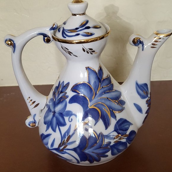 Russian Fenix Teapot Coffee Pot Handmade Porcelain Blue White Gold Kislovodsk - Picture 6 of 9